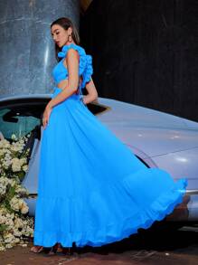 Chiffon Floral Backless Cross Strap Pleated Fish Wire Ears Zipper Invisible Mid-Length Dress With Large Hem For Evening Party Elegant Formal Prom Wedding Guest Gown, For Graduation, Dinner - Blue - View 2