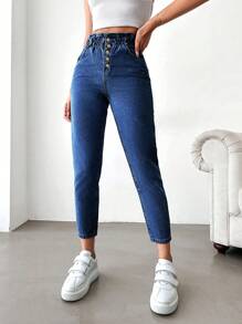 SHEIN Cottnline Women's Paper Bag Waist Button Fly Cropped Jeans - Medium Wash - View 4