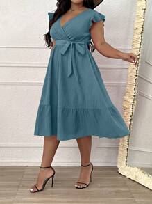 SHEIN Clasi 大尺碼V領純色交叉設計雪紡裙，流蘇邊緣配腰帶，休閒夏日裙 - 藍色 - 查看 5