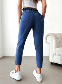 SHEIN Cottnline Women's Paper Bag Waist Button Fly Cropped Jeans - Medium Wash - View 2
