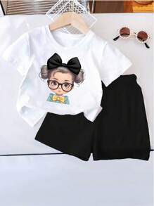 2入組寶寶女孩可愛的學院風印花短袖T恤和短褲套裝，夏季 - 黑與白 - 查看 1