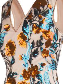 ANGEL FASHIONS 女士V领系带亮片花卉撞色网纱长款晚礼服 - 橘色 - 查看 4