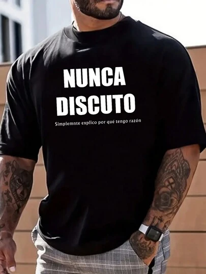 大码男士标语印花圆领短袖休闲 T 恤，夏季