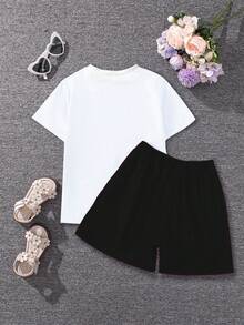 2入組寶寶女孩可愛的學院風印花短袖T恤和短褲套裝，夏季 - 黑與白 - 查看 2