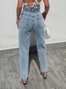 Cottnline Paperbag Waist Mom Jeans - Baby Blue - View 2