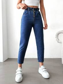 SHEIN Cottnline Women's Paper Bag Waist Button Fly Cropped Jeans - Medium Wash - View 1