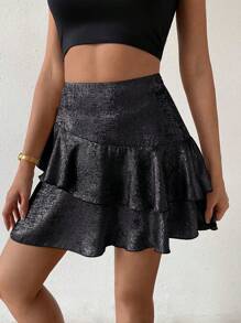 Chiquease Women's Solid Color Double Layer Ruffle Hem Mini Skirt