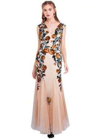 ANGEL FASHIONS Damska suknia wieczorowa z dekoltem w kształcie litery V, brokatowymi kwiatami, kontrastową siateczką, do podłogi, z paskami