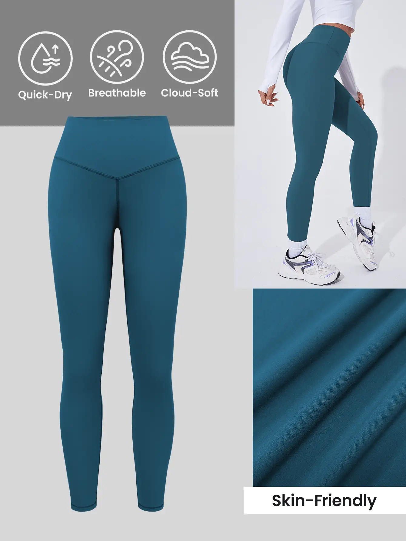 Easithlete Quần legging thể thao màu trơn cạp cao thường ngày cho nữ - Màu xanh lam - Xem 3