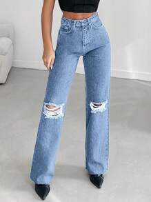 RueChic Women's Distressed Straight Leg Jeans - Medium Wash - View 1