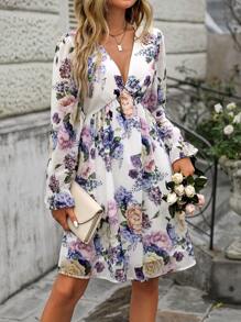 Breezaya Printed Random Cut V-Neck Chiffon Long Sleeve Women's Dress - Multicolor - View 1