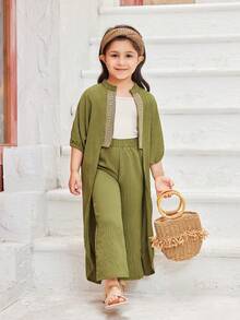 SHEIN Young Girl Mustard Green Traditional Classical Clothing, Comfortable & Breathable Textured Fabric, Embroidered Lace Open Cardigan With Shoulders, Camisole For Bottom Layer In Apricot Color, And Wide Leg Pants Three-Piece Set For Graceful And Lively Look. Suitable For Spring, Summer, Parties And Outings. - Army Green - View 3