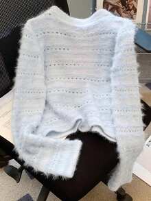 Cardigan court et décontracté de style doux, automne/hiver - Bleu azur - Voir 3