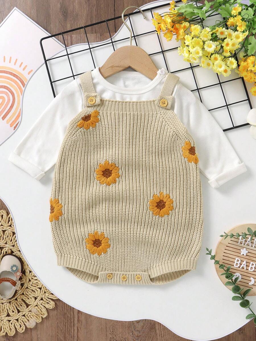 SHEIN Vintaside Kids Baby Girls' Sunflower Print Sweater Romper