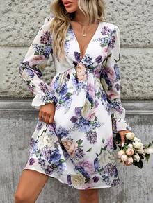 Breezaya Printed Random Cut V-Neck Chiffon Long Sleeve Women's Dress - Multicolor - View 6