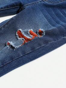 SHEIN Young Boy Orange Contrast Yarn Cut Out Ripped Frayed  Jeans For Vacation And Dailywear Cute Summer Clothes For School - Blue - View 6