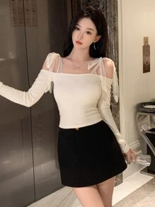 Dazy Designer 女士露肩长袖T恤，新年夜，露肩上衣，秋季女装外出上衣 - 白色 - 查看 2