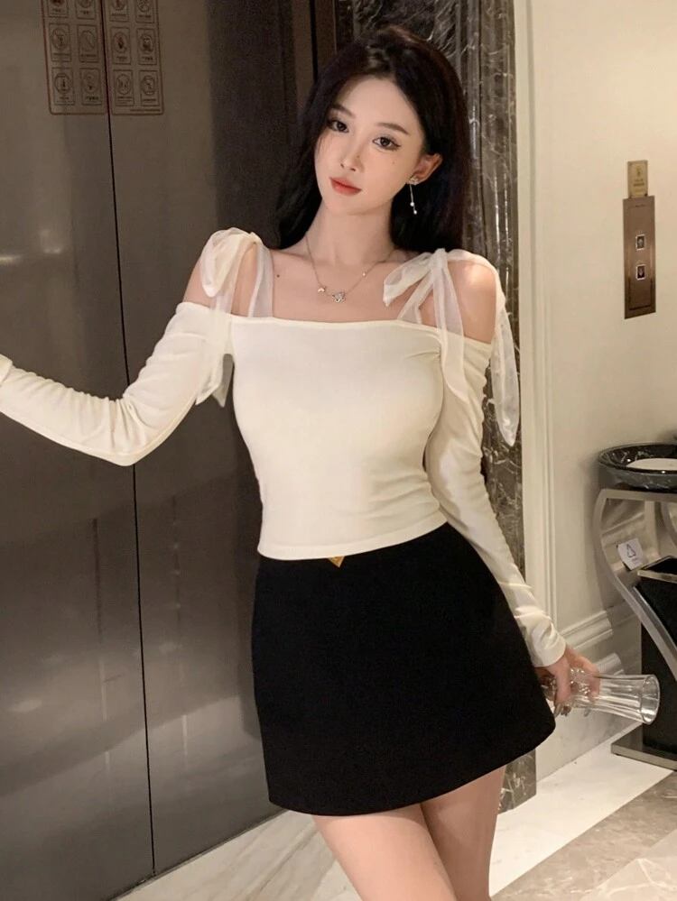 Ladies' Cold Shoulder Design Long Sleeve T-Shirt, New Year Eve,Off Shoulder Top,Fall Women Clothes Going Out Tops Women