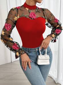 Chiquease Women's Valentine's Day Embroidered Mesh Patchwork Bodysuit (Random Cut) - Red - View 4