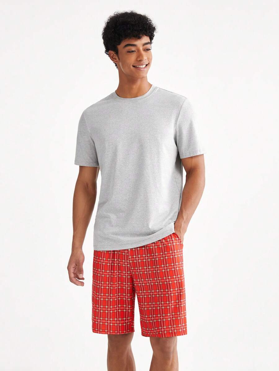 Men's Solid Color Short Sleeve Top And Checkered Shorts Homewear Set - Multicolor - View 1