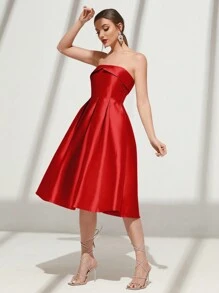SHEIN Belle Ladies' Solid Color Simple Daily Strapless Formal Dress, Wedding Guest Dress Party Dress Prom Dress - Red - View 3