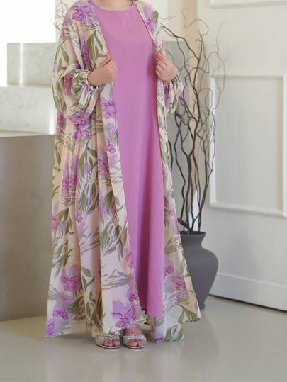 Al Najma Conjunto de 2 piezas: vestido casual de cuello redondo de unicolor y chaqueta estampada con flores para mujer