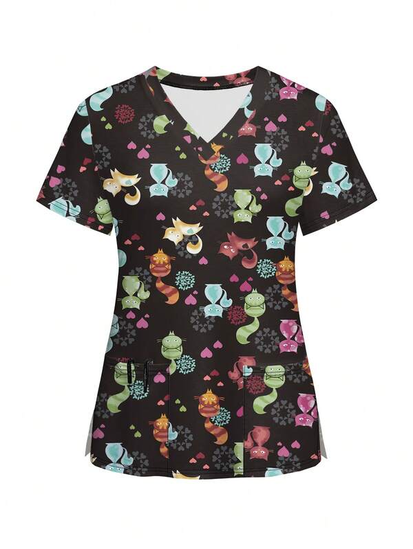 Fashionable Cat Printed Short Sleeve Scrub Top