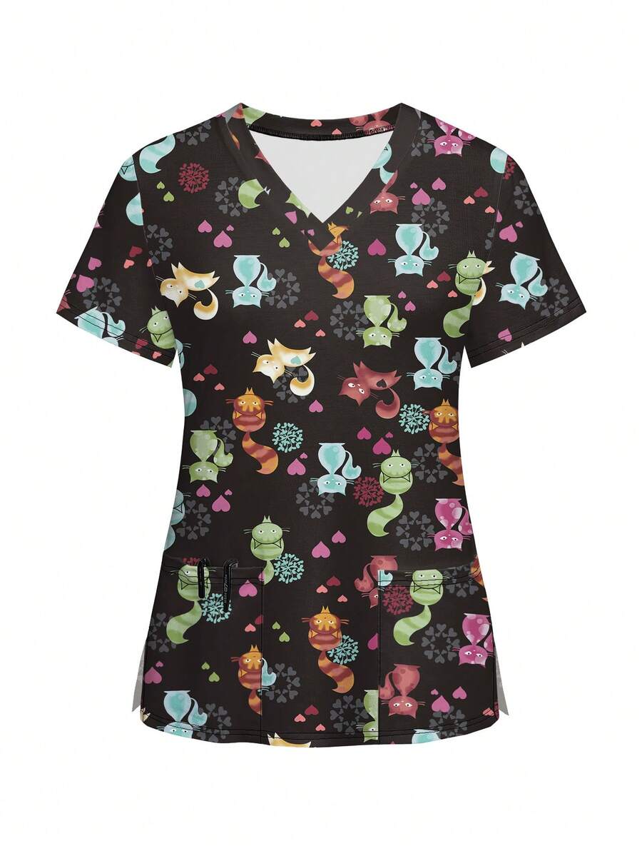 Fashionable Cat Printed Short Sleeve Scrub Top - Black - View 1