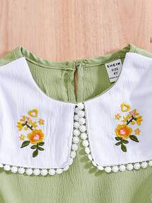 Girls' Peter Pan Collar Embroidery Puff Sleeve Summer Dress - Olive Green - View 4