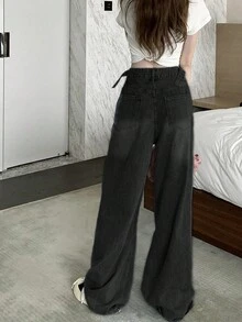 女士寬鬆休閒萬能款寬腿牛仔褲，有破洞口袋和隨機拼接設計 - 黑色 - 查看 3