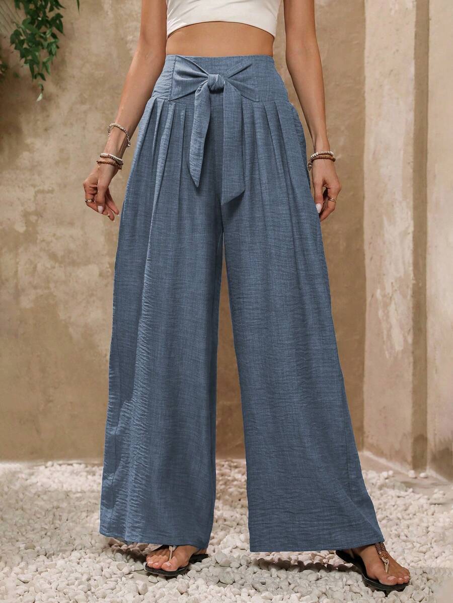 Balvessa Celana Panjang Kasual Wanita Warna Polos dengan Sabuk untuk Pemakaian Sehari-hari, Pakaian Musim Gugur untuk Wanita - Dusty Blue - View 1
