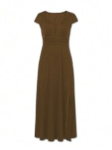 Breezaya Women's Solid Color Simple Daily Deep V-Neck Dress - Coffee Brown - View 1