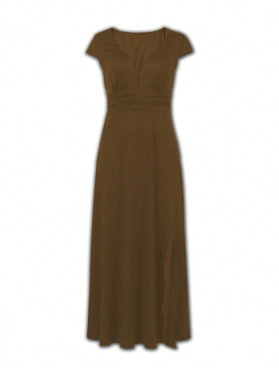Breezaya Women's Solid Color Simple Daily Deep V-Neck Dress - Coffee Brown - View 1