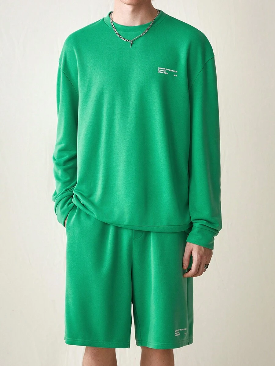 Mainfolk Men's Fashionable Knitted Casual Solid Color Wide-Legged Drop-Shoulder Long Sleeve And Shorts Two-Piece Set For Daily Wear, For Fall Winter - Green - View 1