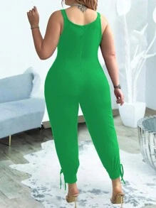 SHEIN LUNE 大碼女士夏季字母印花連身褲，配有口袋和肩帶，休閒風格 - 綠色 - 查看 2