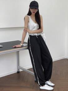 FRIFUL Elastic Waistband Wide Leg Women's Culottes With Woven Ribbon Bow Decoration, Loose & Long Fall,Winter Sweatpants - Black - View 8