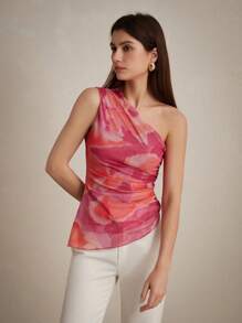Aveloria Rosie Random Tie-Dye Mesh Fabric Print Ruched Slim Fit Asymmetric Elegant Summer Tank Top 