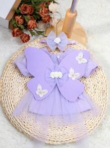 女嬰攝影服裝，蝴蝶翅膀和網紗裙，適用於30/100天慶祝活動 - 紫色 - 查看 4