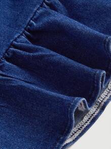 SHEIN MOD 女士夏季时尚荷叶边下摆紧身牛仔连衣裙 Y2K 蝴蝶结弹力紧身浪漫时尚牛仔连衣裙 - 藍色 - 查看 4