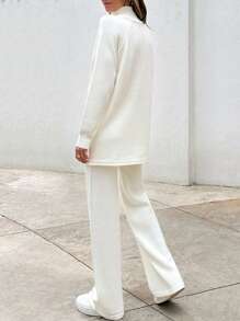 EURMUSE 簡約編織領帶開衫與毛衣褲套裝 - 白色 - 查看 6