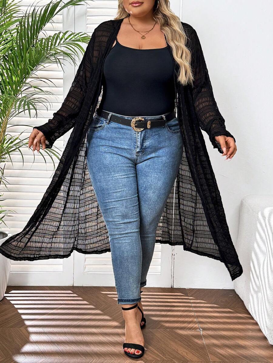 SHEIN CURVE+ Plus Size Women's  Open Front Kimono - Black - View 1