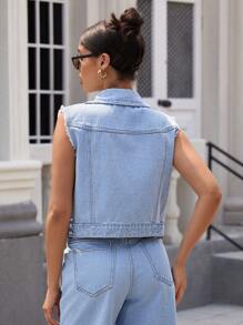 SHEIN Essnce 女士夏季休閒無袖磨邊牛仔夾克背心 - 淺色水洗藍 - 查看 2