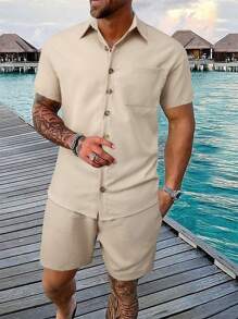 Manfinity RSRT Set van effen kleur, eenvoudig dagelijks overhemd en korte broek met korte mouwen voor heren