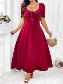 Sunnyshic Plus Size Double Layer Ruffle Design Loose Fit Puff Sleeve Round Neck Dress With Big Dress Burgundy Maxi Vacation Beach Outfits Women - Burgundy - View 1