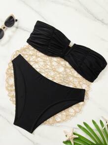 Swim Basics Women's Summer Beach Solid Color Pleated Strapless Sexy Bikini Set