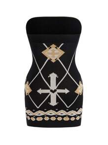 Flirla Vestido de punto entallado sin tirantes de talla grande para mujer con diseño cruzado de verano - Negro - Ver 2