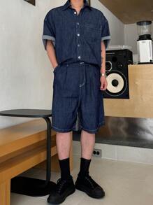 DAZY Áo Sơ Mi Và Quần Short Denim Màu Trơn Mùa Hè Cho Nam Trở Lại Trường Học - Màu xanh lam - Xem 8