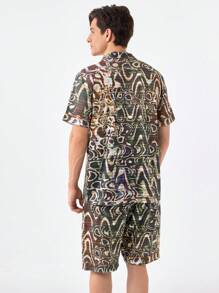 Men's Random Printed Short Sleeve T-Shirt And Shorts Homewear Set - Multicolor - View 2