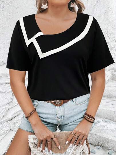 EMERY ROSE 大码不对称领撞色度假休闲 T 恤，女式夏季上衣
