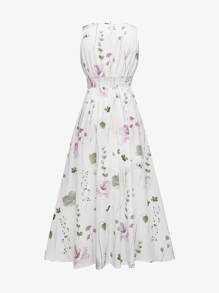 SHEIN LUNE Floral Printed V-Neck Sleeveless Summer Dress With Asymmetrical Hemline